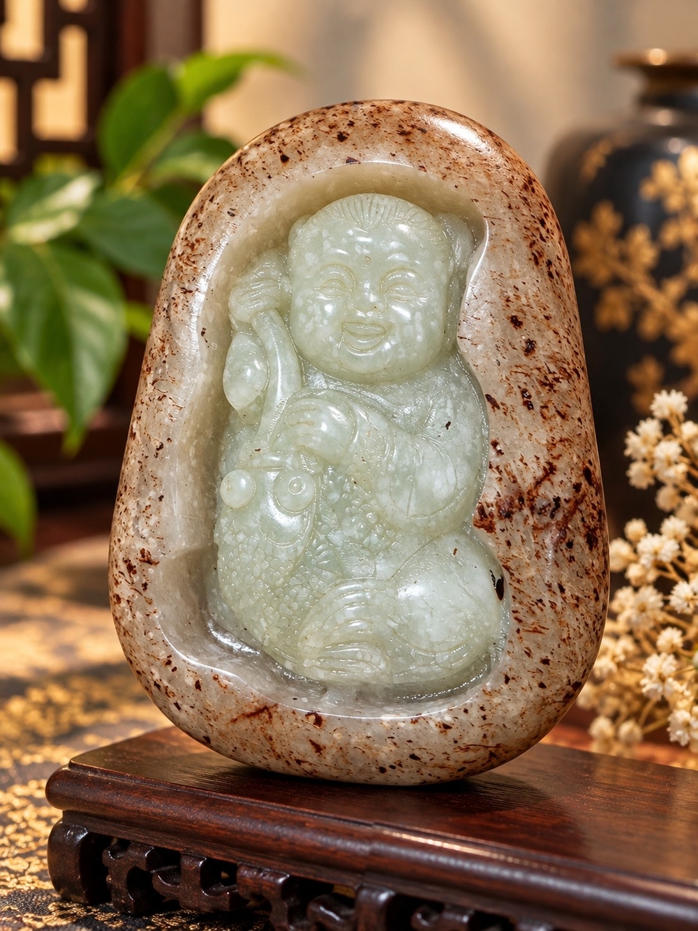 Carved Jade Happy Child Statue in Light Green and Speckled Tan Stone